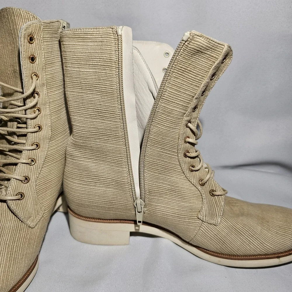 FARRUTX Men's beige textile lace-up calf boot‎ side zip leather lined size 39**